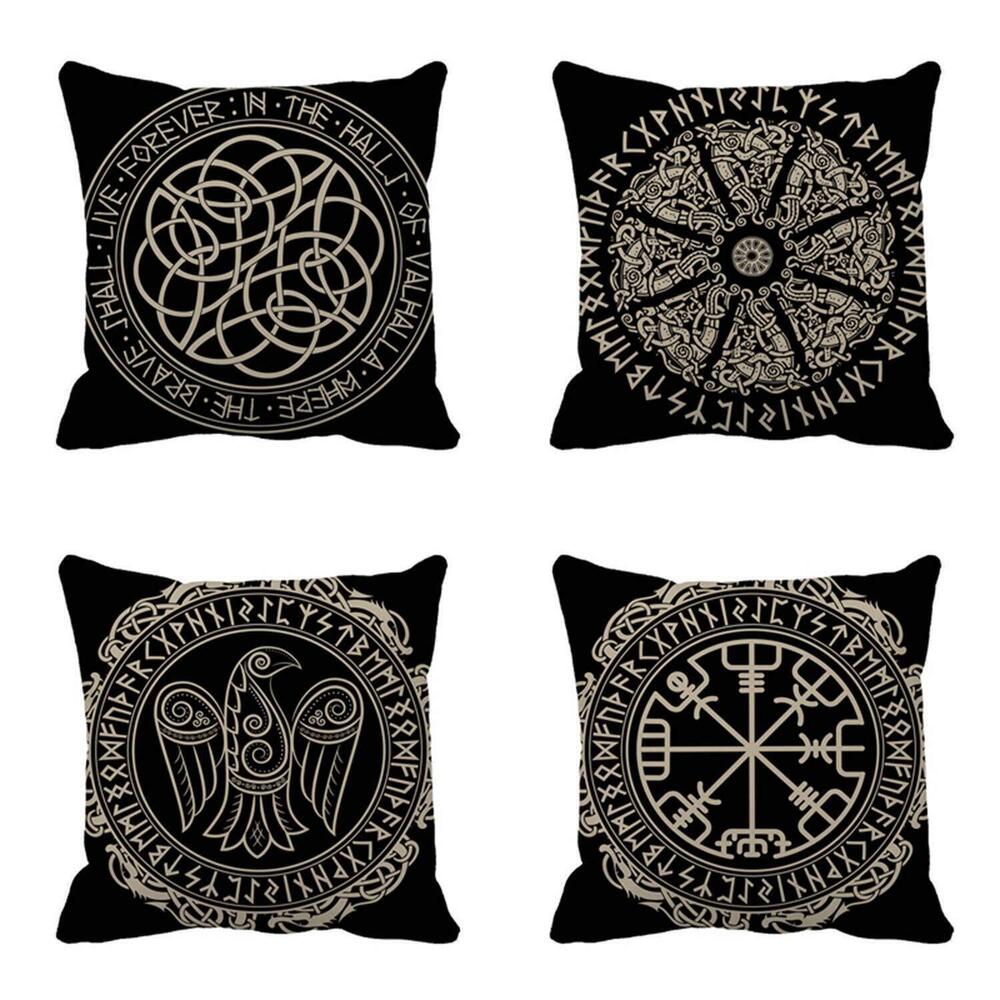 7212 Set of 4 Throw Pillow Covers Nordic Ancient Scandinavian Shield Viking